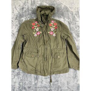 Xhilaration Womens Olive Green Hooded Jacket W/ Floral Embroidery  Size L